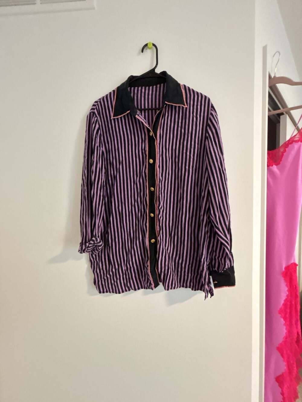 Vintage Striped Long Sleeve Button-Down Shirt with M Initial Gold Buttons